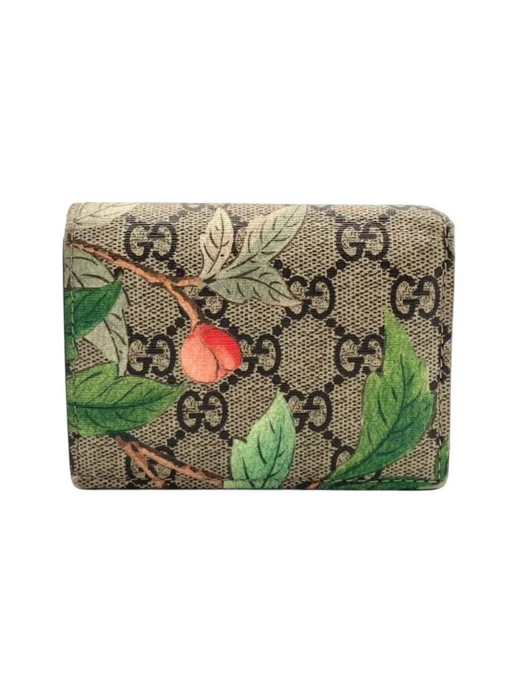 Gucci GG Supreme Tian Compact Wallet Mini Folding Leather Beige Multicolor Gold
